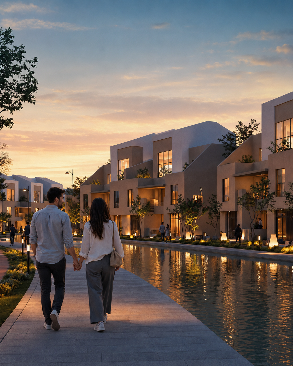 Couple walking along an illuminated waterfront promenade at dusk